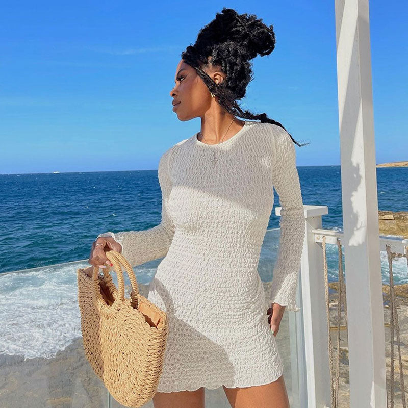 Beach Vacation Smocked Crew Neck Long Sleeve Tie Back Mini Dress - White Main image