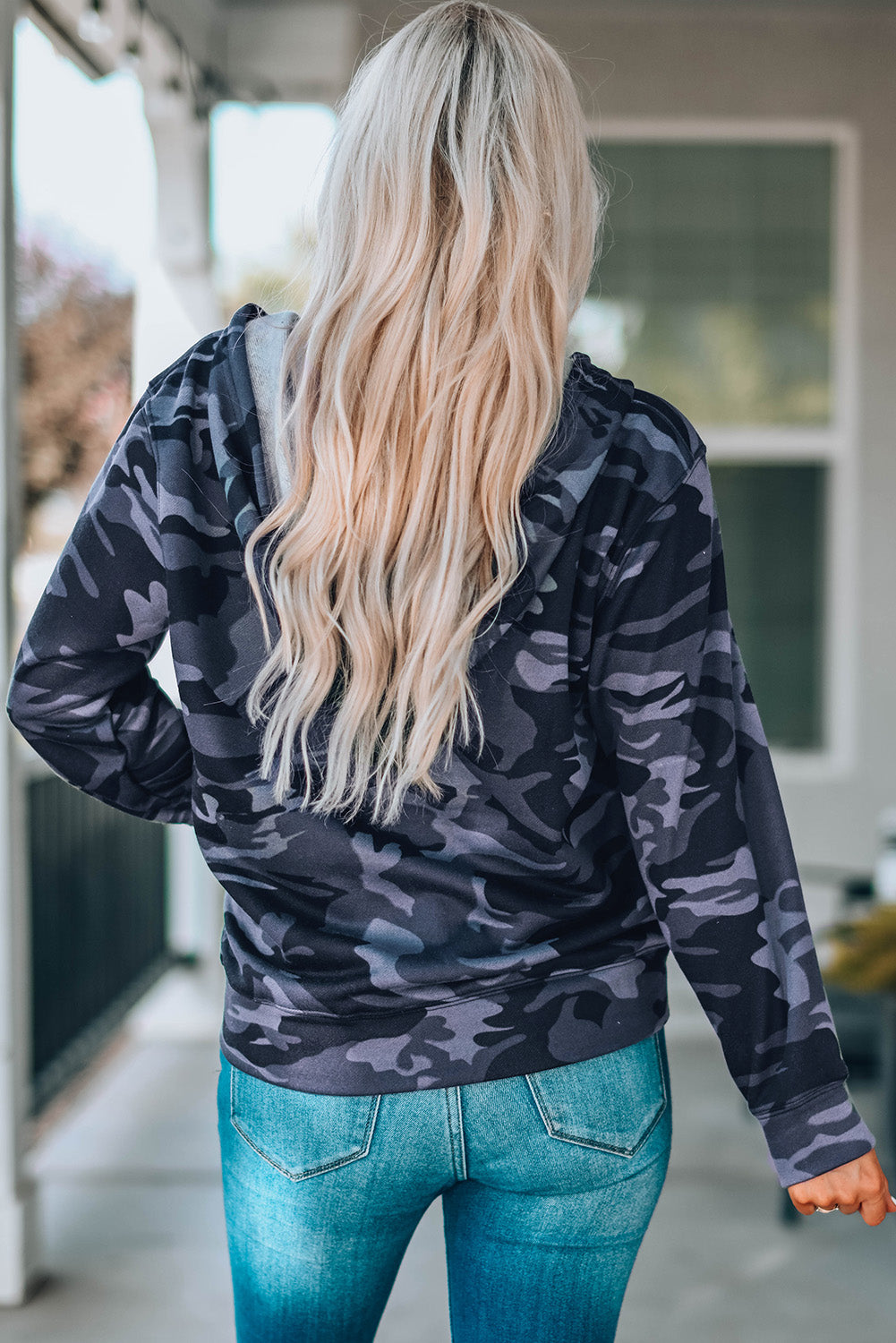 Black Camo Print Zip-Up Hooded Coat With Pockets Secondary image