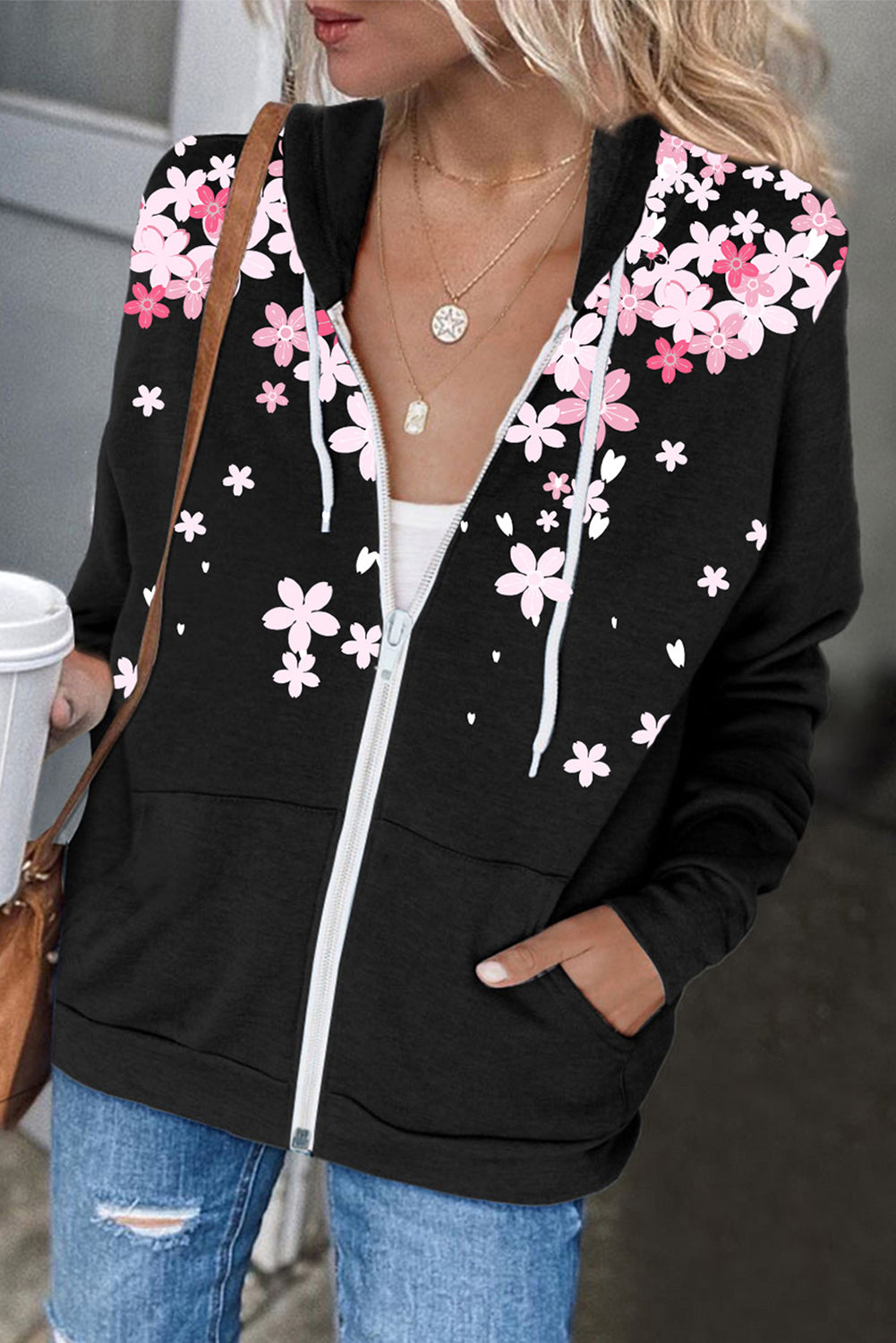 Black Cherry Blossoms Print Pocketed Zipped Hooded Coat Main image
