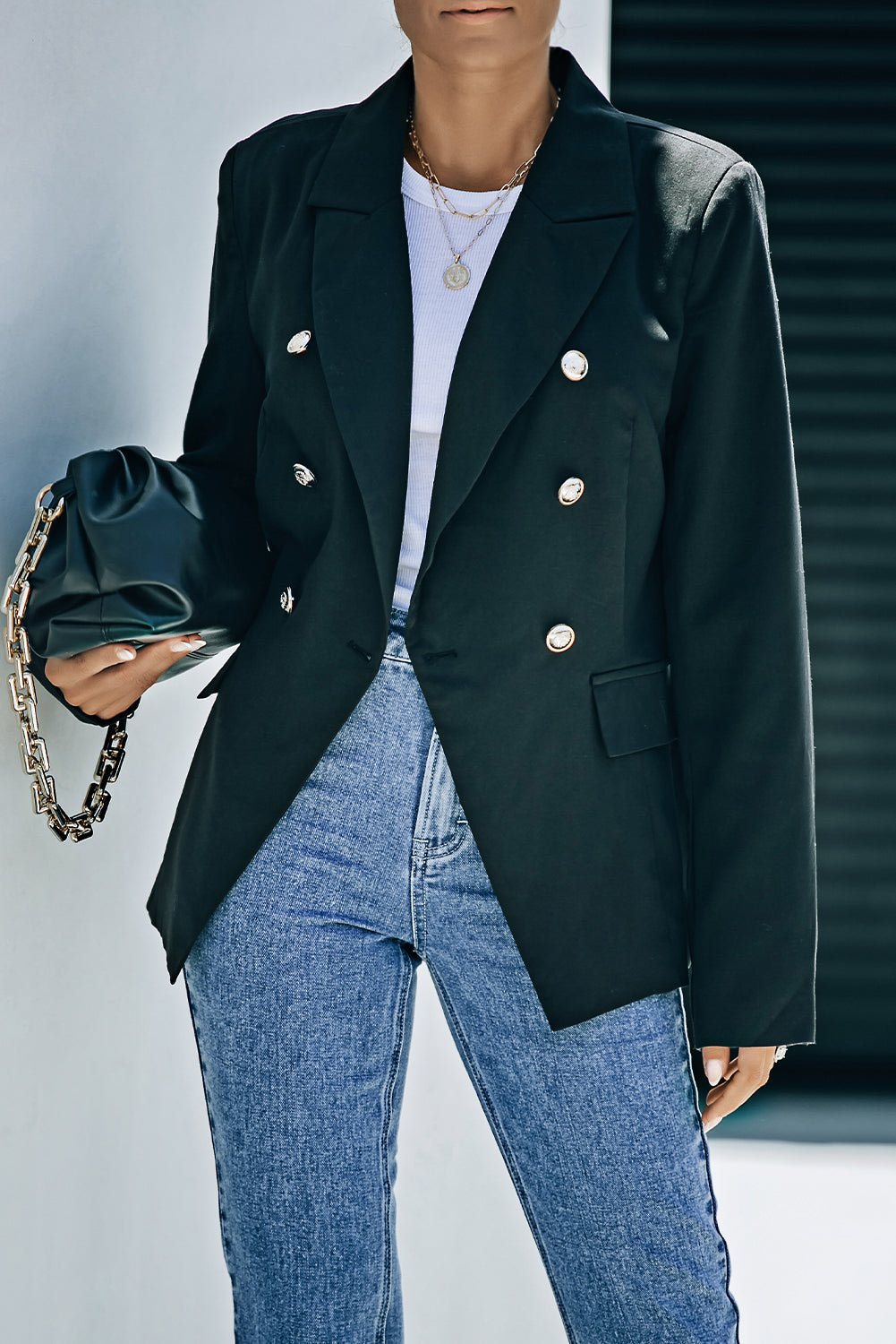 Black Double Breasted Lapel Collar Pocketed Blazer Main image