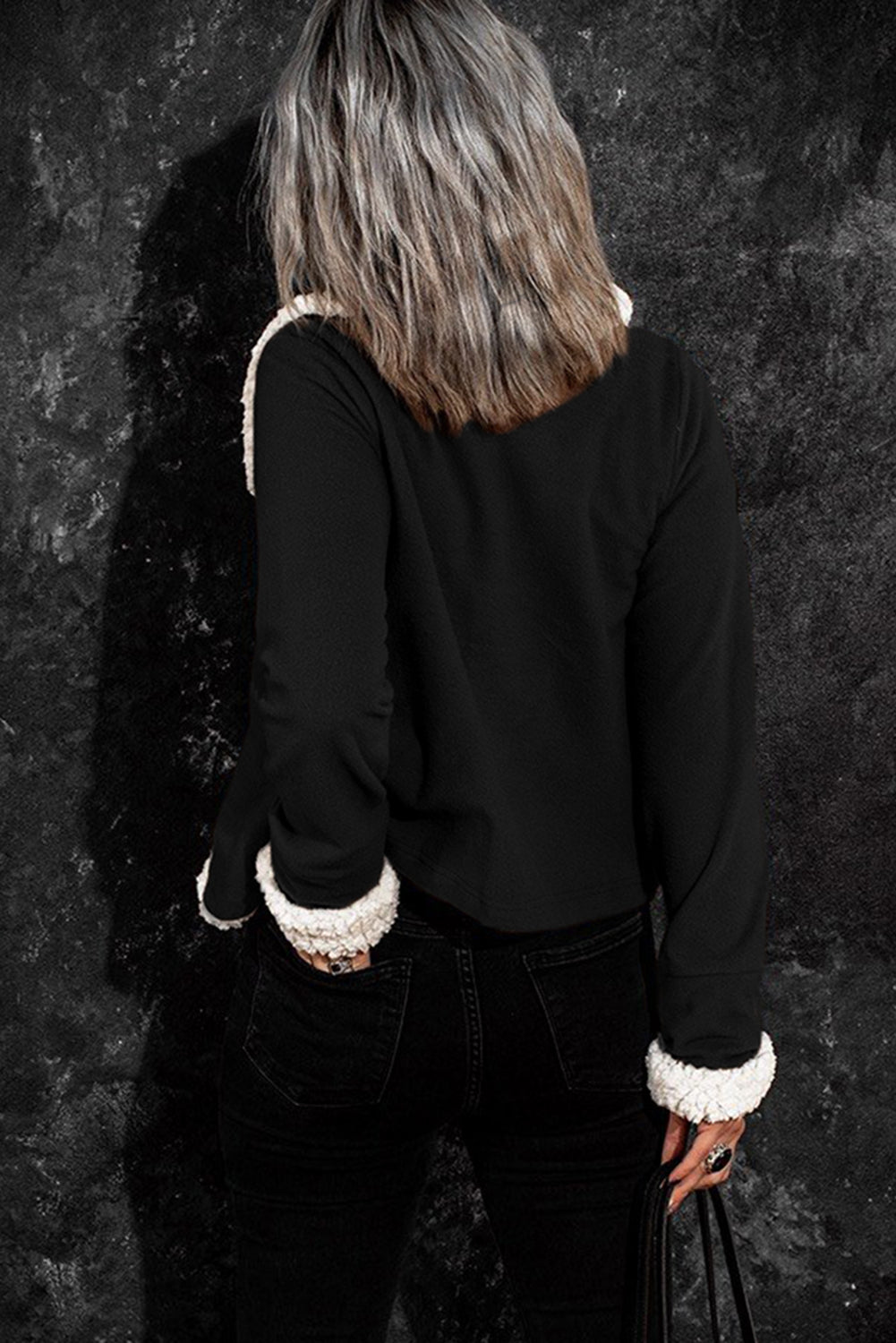 Black Lapel Collar Fleece Open Front Coat Secondary image