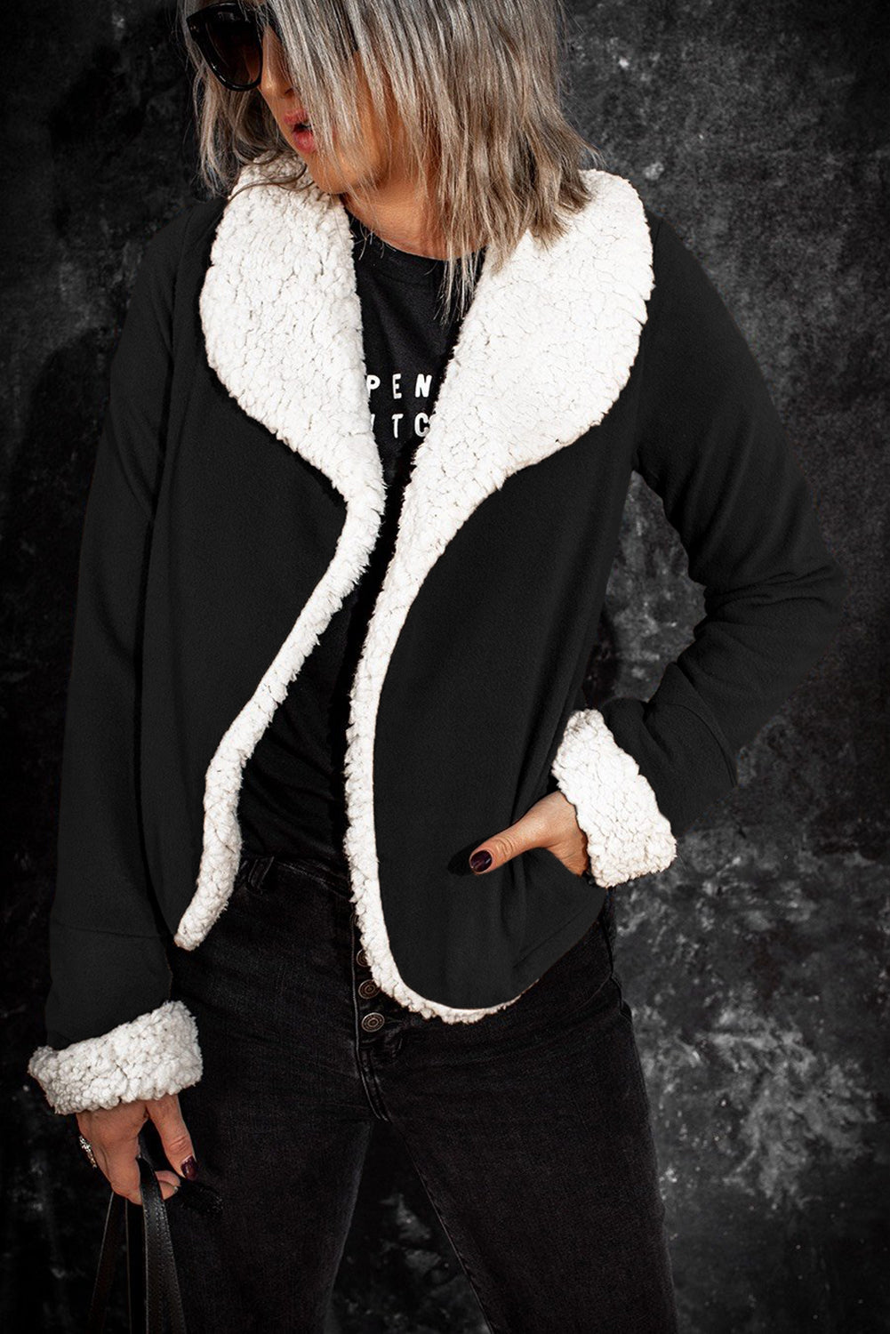 Black Lapel Collar Fleece Open Front Coat Main image