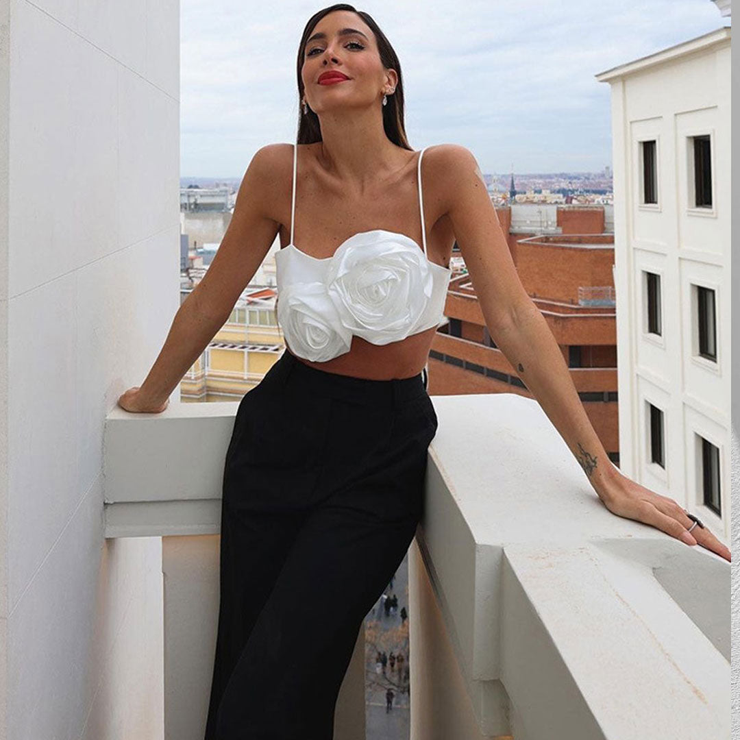 Bloom Flower Applique Spaghetti Strap Satin Crop Tank Top - White Secondary image