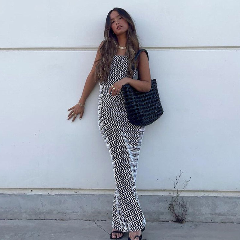 Boho Color Wavy Spaghetti Strap Vacation Maxi Dress - Black Secondary image