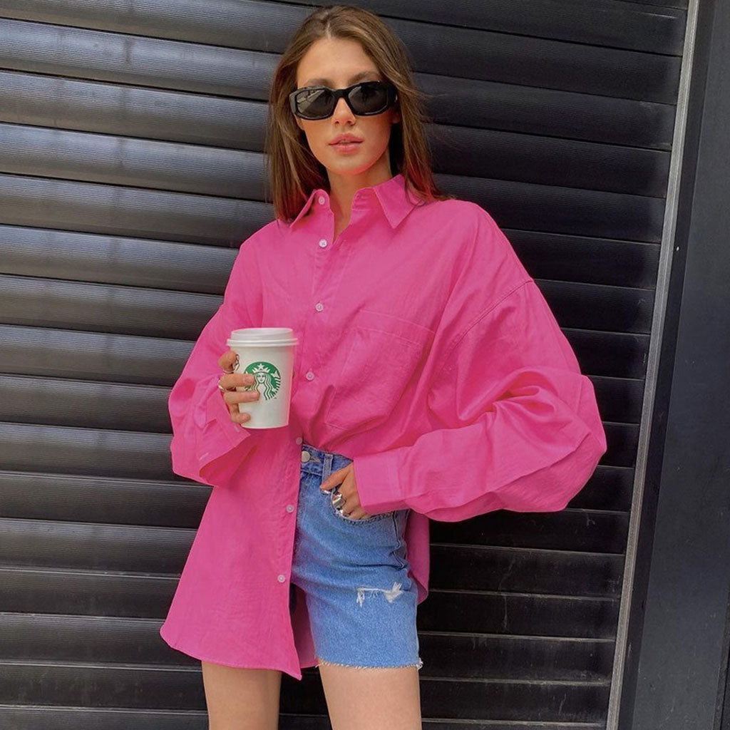 Bold Collared Long Sleeve Button Up Shirt - Hot Pink Main image