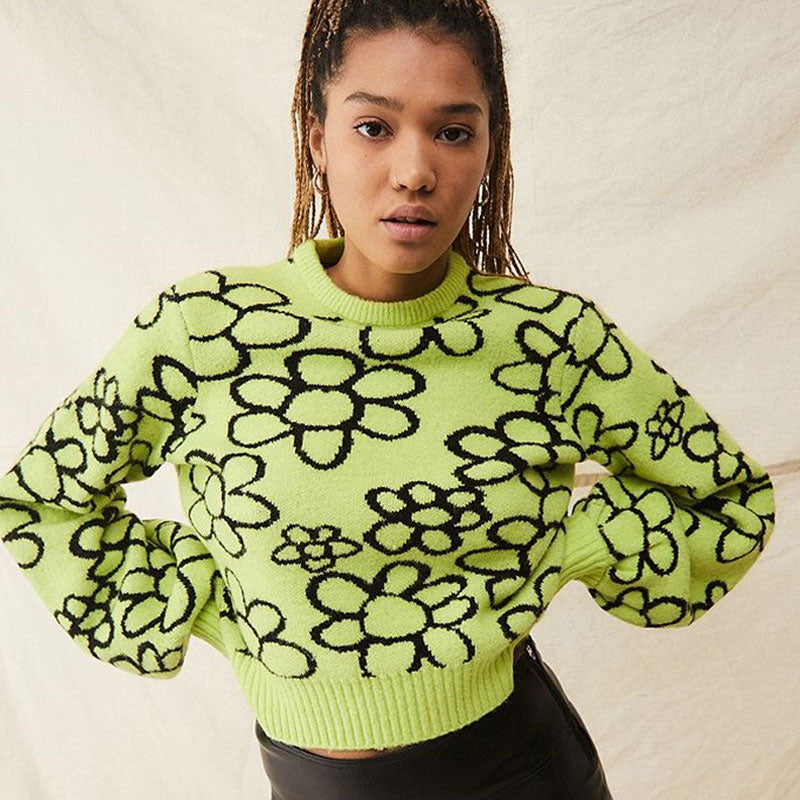 Bold Floral Bishop Sleeve Sweater - Green Main image