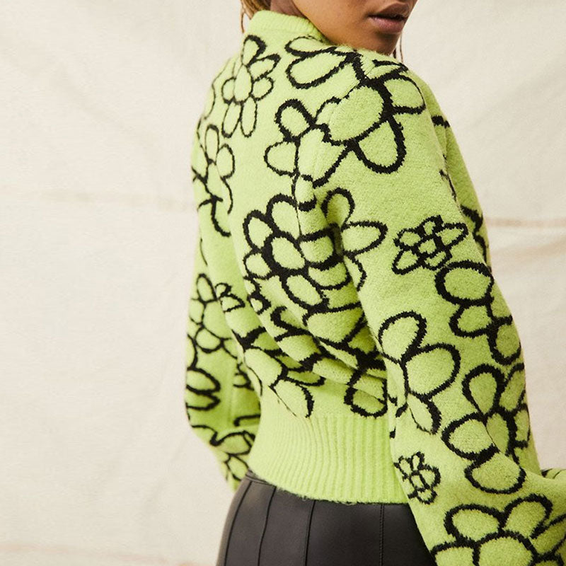 Bold Floral Bishop Sleeve Sweater - Green Secondary image