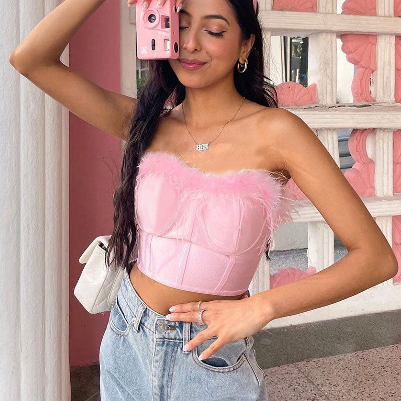 Breathtaking Faux Feather Seam Detail Strapless Crop Corset Top - Pink Main image