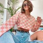 Checkered Pattern Long Sleeve Pullover Cropped Sweater - Pink