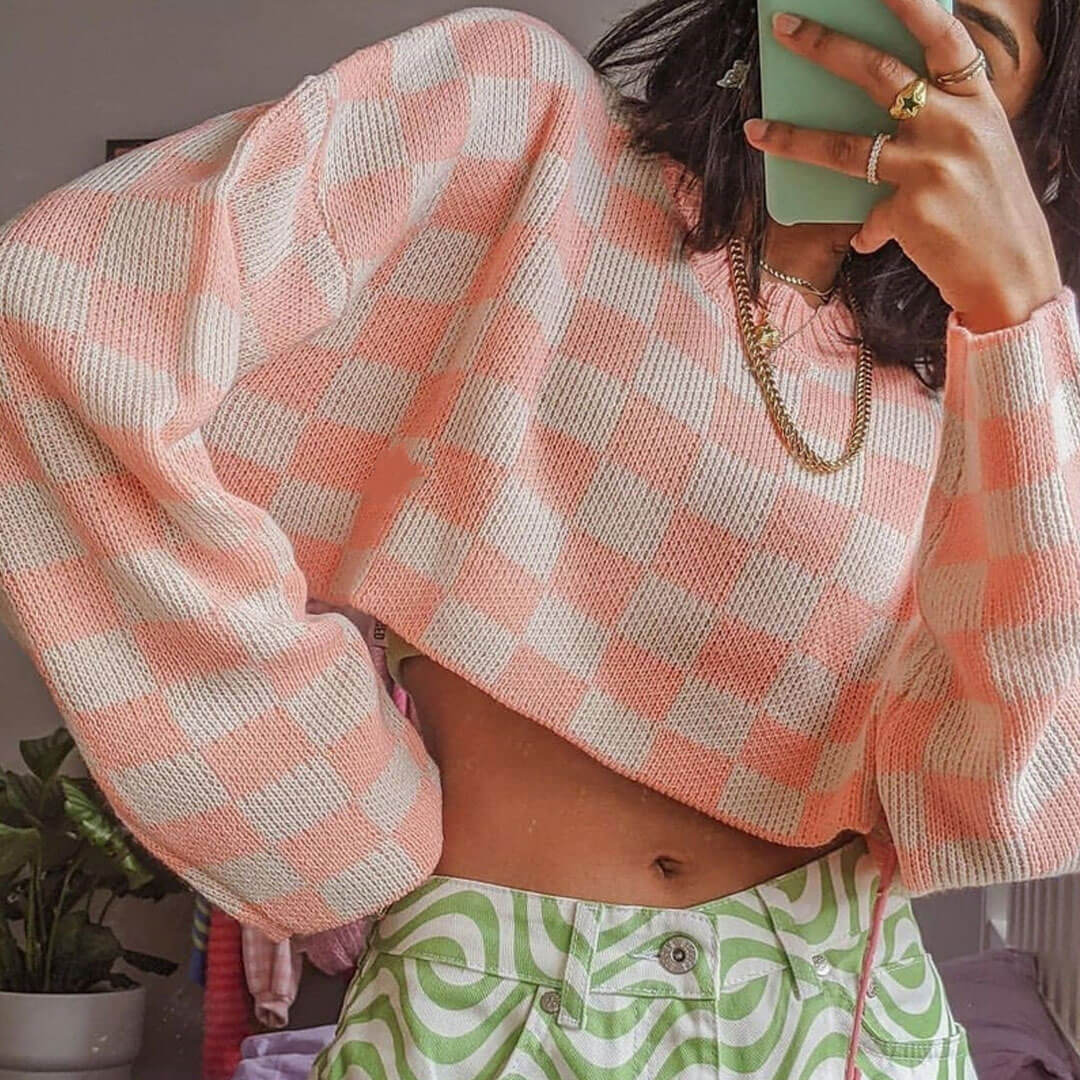 Checkered Pattern Long Sleeve Pullover Cropped Sweater - Pink Secondary image