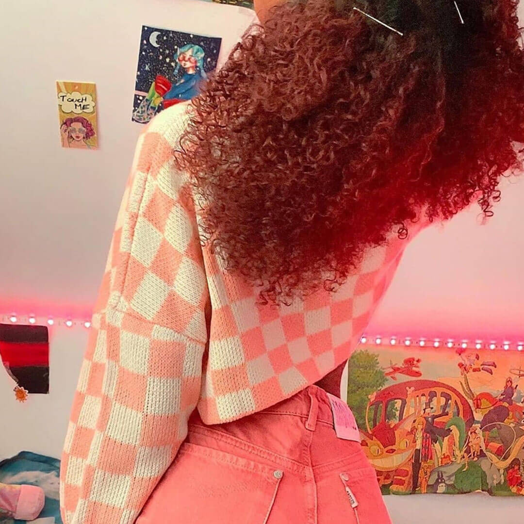 Checkered Pattern Long Sleeve Pullover Cropped Sweater - Pink