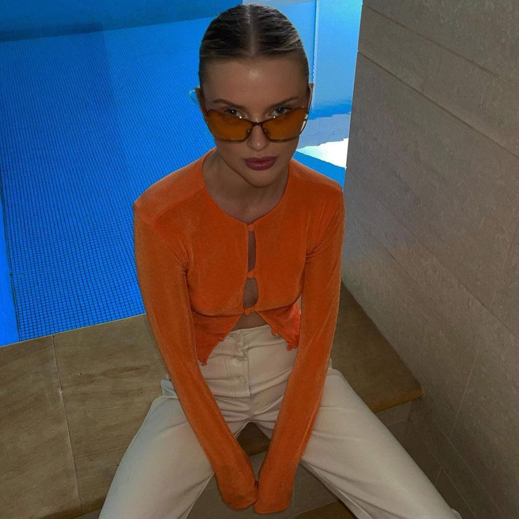 Round Neck Button Up Long Sleeve Crop Top - Burnt Orange Main image