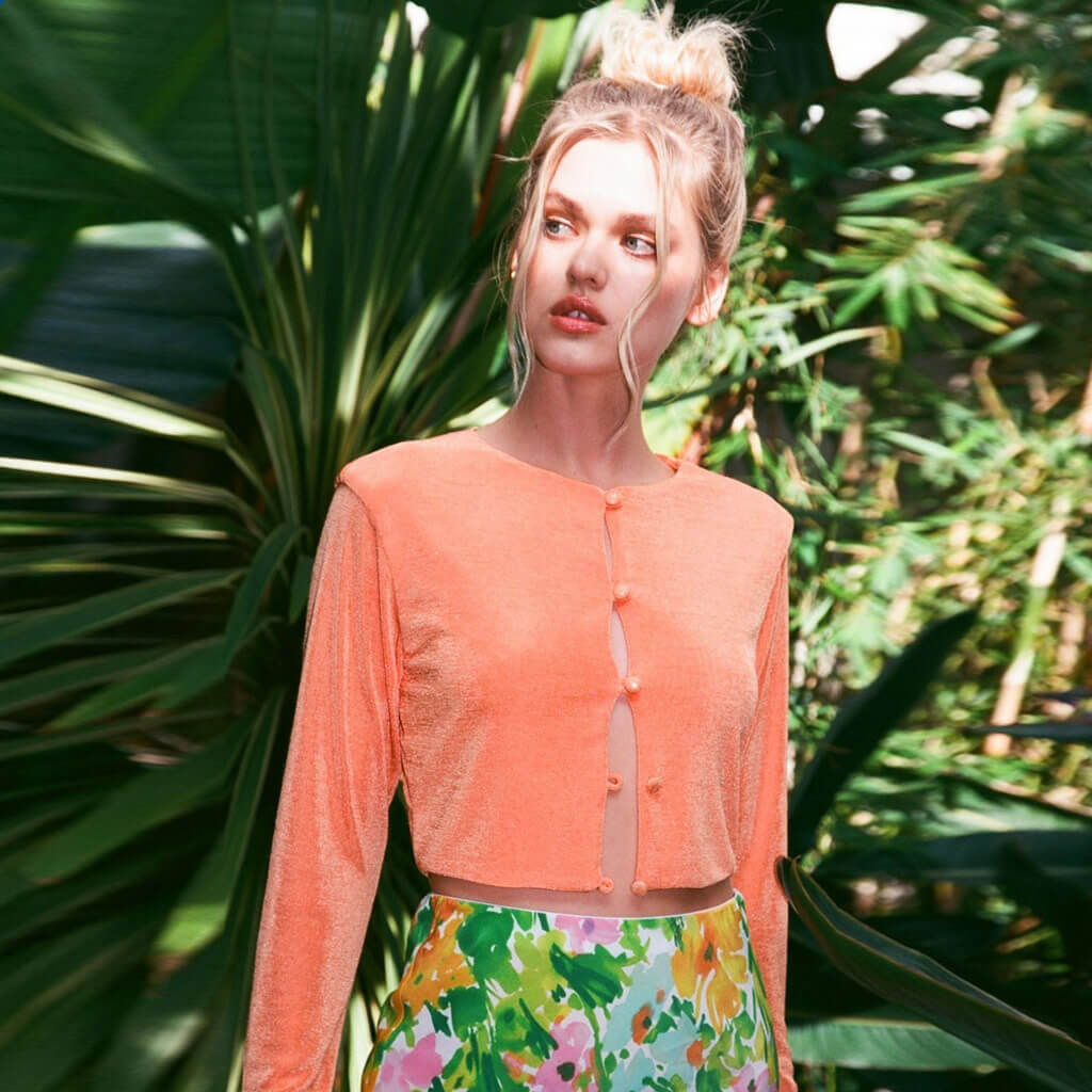 Round Neck Button Up Long Sleeve Crop Top - Burnt Orange Secondary image