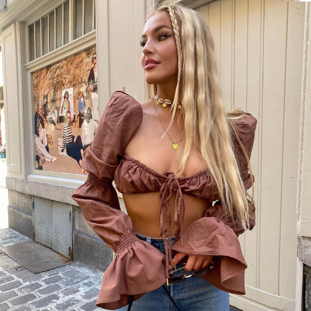 Ruffle Puff Sleeve Tied Front Ruched Crop Top - Dark Coffee Main image