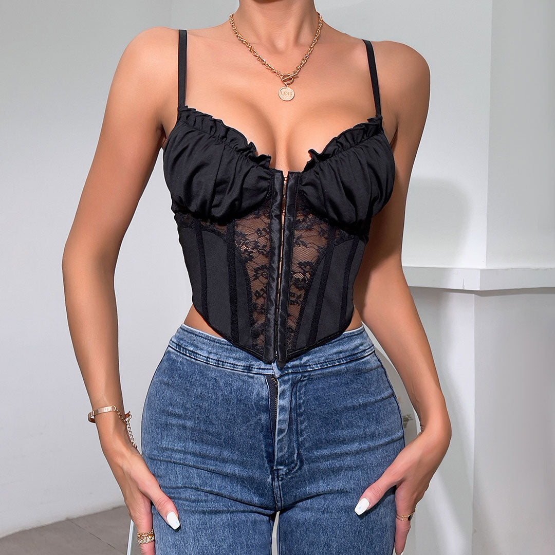Ruffled Sweetheart Hook and Eye Sheer Lace Crop Corset Top - Black Secondary image