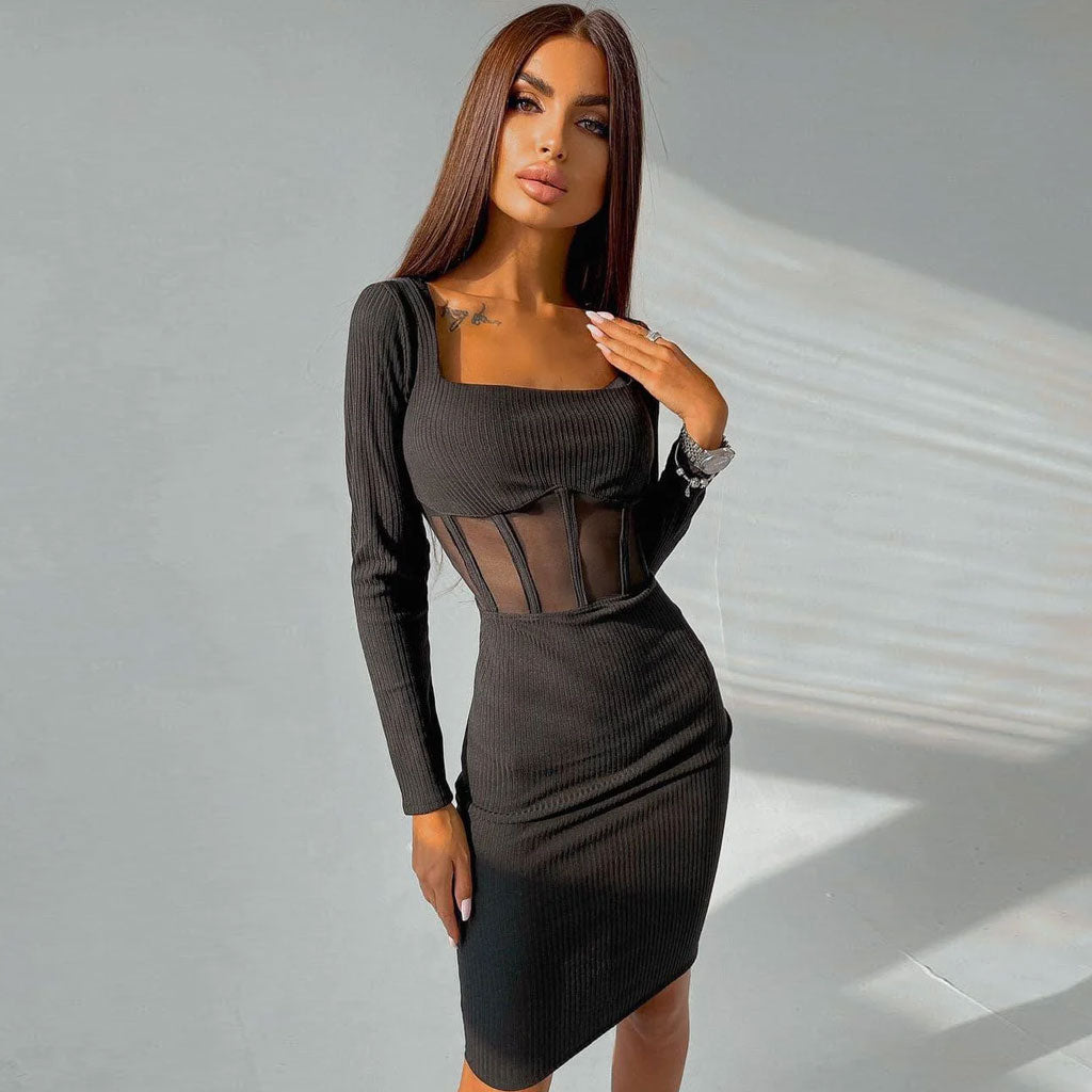 Square Neck Long Sleeve Mesh Panel Midi Dress - Black Secondary image