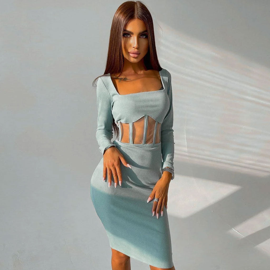 Square Neck Long Sleeve Mesh Panel Midi Dress - Teal Secondary image