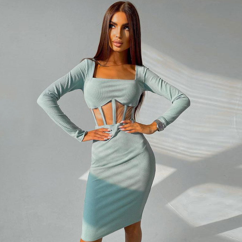 Square Neck Long Sleeve Mesh Panel Midi Dress - Teal Main image