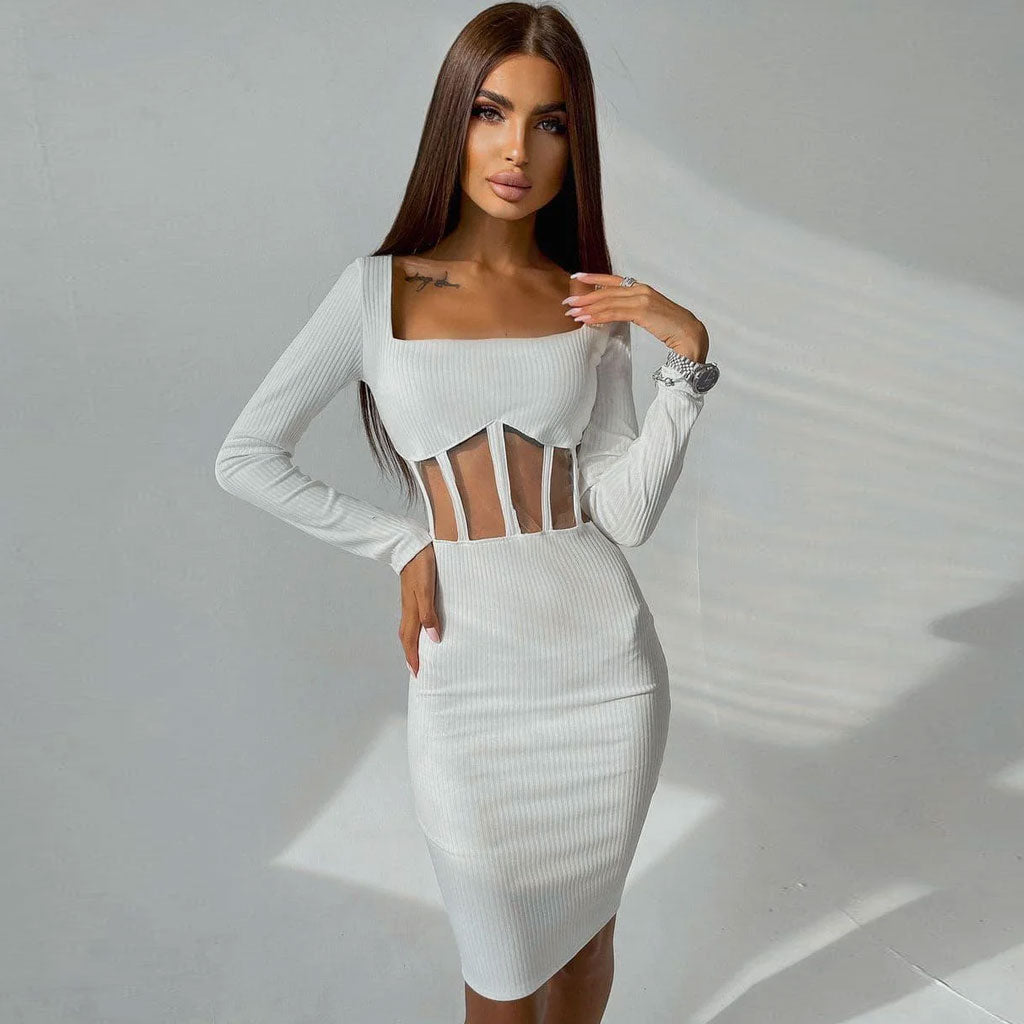 Square Neck Long Sleeve Mesh Panel Midi Dress - White Main image