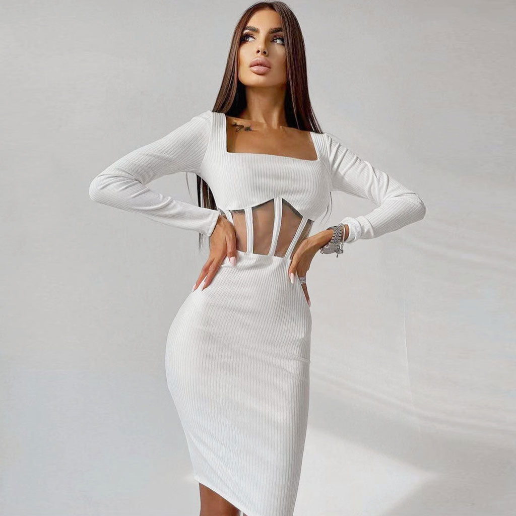 Square Neck Long Sleeve Mesh Panel Midi Dress - White Secondary image