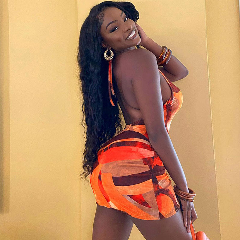 Tie Dye Halter Neck Cowl Neck Backless Mini Dress - Orange Secondary image