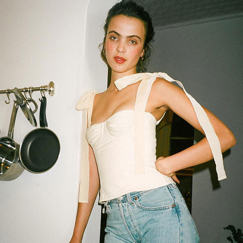 Tie Strap Ruched Balconette Bustier Cropped Top - White Secondary image