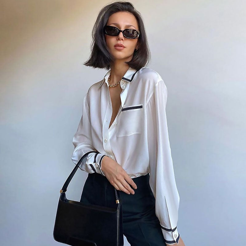 Classy Trim Pointed Collar Long Sleeve Blouse - White Main image