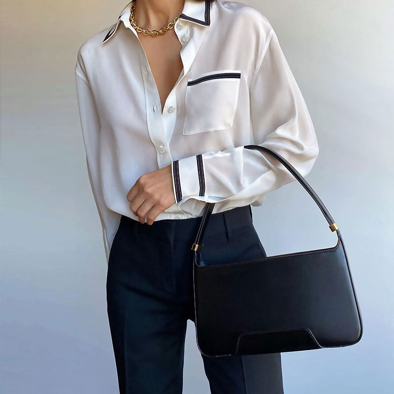 Classy Trim Pointed Collar Long Sleeve Blouse - White Secondary image