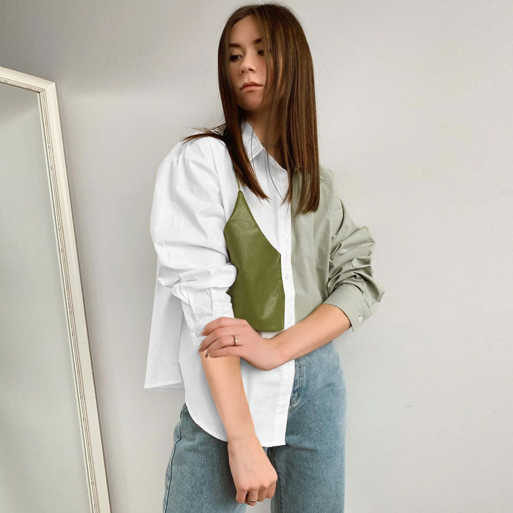 Color Panel Trim Long Sleeve Button Up Shirt - Green Secondary image