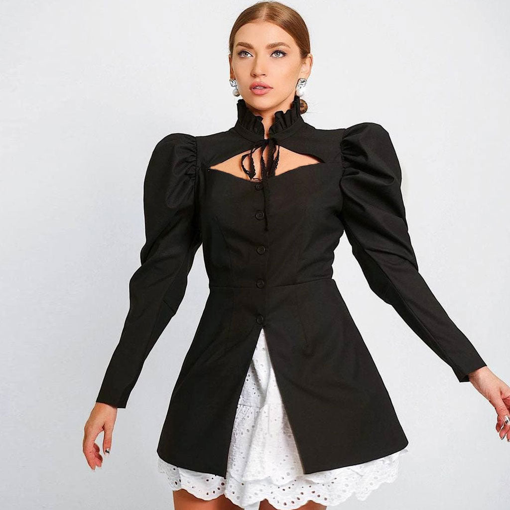 Cute Cut Out Ruffle Collared Long sleeve Button Up Blouse - Black Secondary image