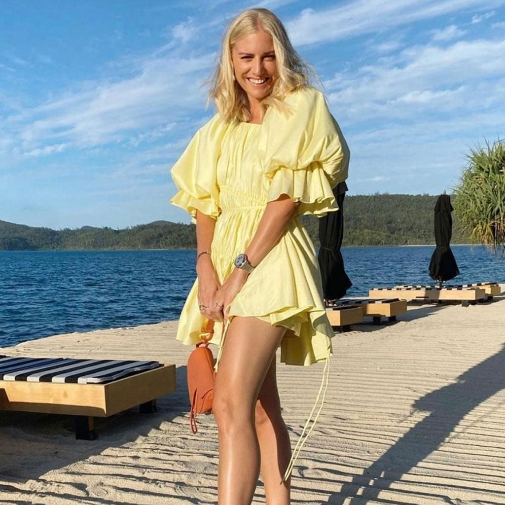 Cute Puff Sleeve Drawstring Tied Ruffle Babydoll Mini Dress - Yellow Main image