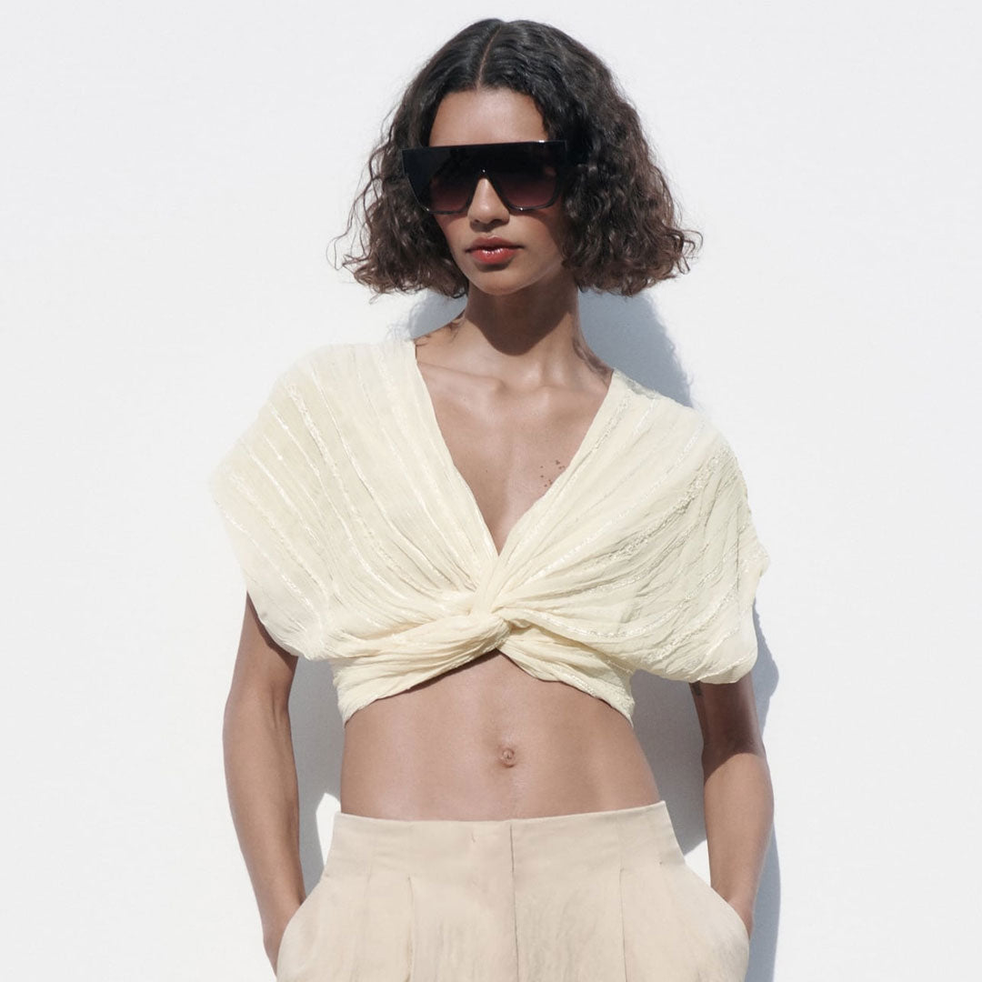 Dainty Lace Panel Deep V Twist Trim Dolman Sleeve Crop Top - Beige Main image