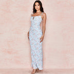 Printed Floss Strap Tied Bustier Slip Maxi Dress - Blue