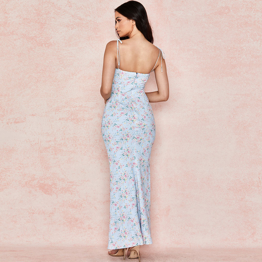 Printed Floss Strap Tied Bustier Slip Maxi Dress - Blue