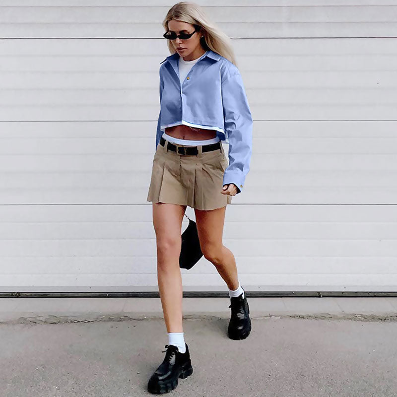 Deconstructed Distressed Trim Button Up Long Sleeve Collared Crop Shirt - Blue Secondary image