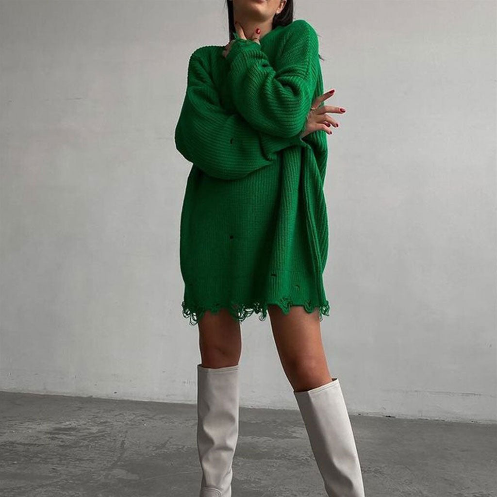 Distressed Trim Pullover Sweater Mini Dress - Emerald Green Secondary image