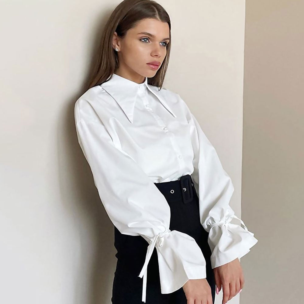Enchanting Pointed Collar Button Down Drop Shoulder Bishop Sleeve Blouse - White Main image