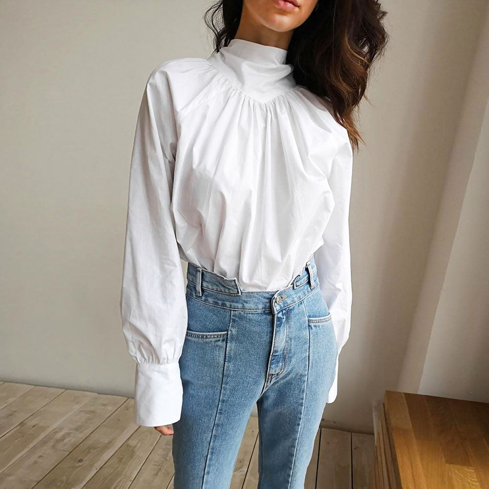 Fabulous Solid Color Ruched Bow Tie Trim High Neck Long Sleeve Blouse - White Secondary image