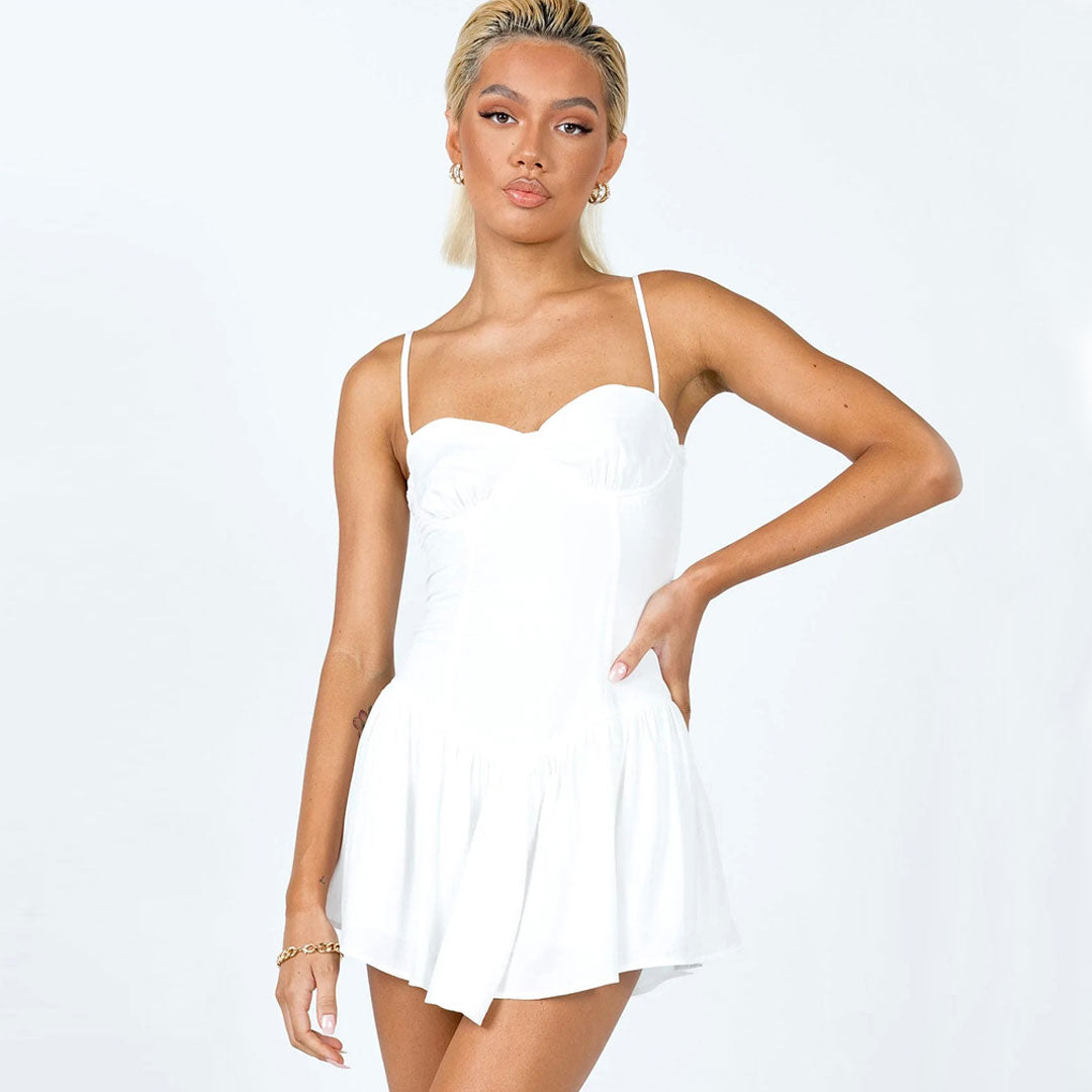 Flattering Ruffle Ruched Trim Mini Slip Sundress - White Main image
