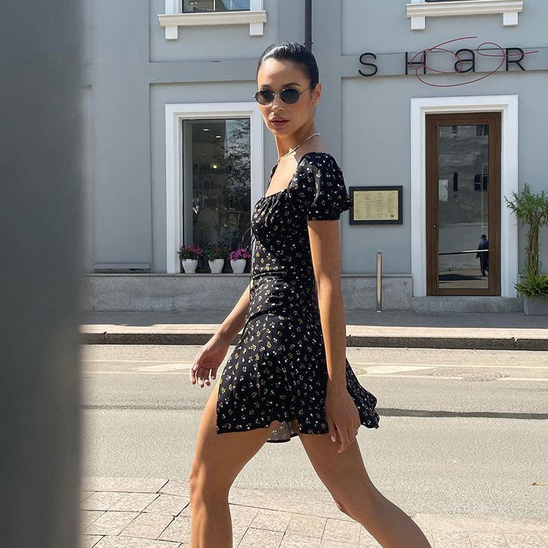 Floral Print Ruched Tie Front Split Trim Puff Sleeve Mini Sundress - Black Secondary image