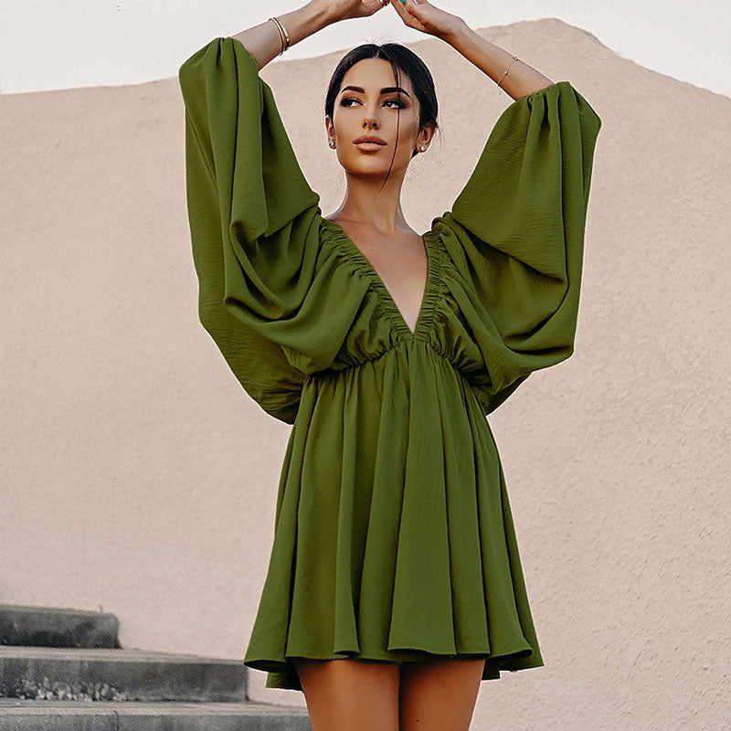 Flowy Textured Ruched Ruffle Deep V Butterfly Sleeve Mini Dress - Green Secondary image