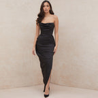 Cowl Neck Strapless Slit Maxi Evening Dress - Black