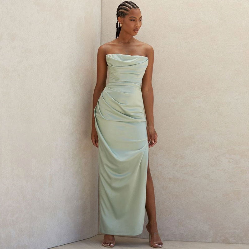 Cowl Neck Strapless Slit Maxi Evening Dress - Green Secondary image
