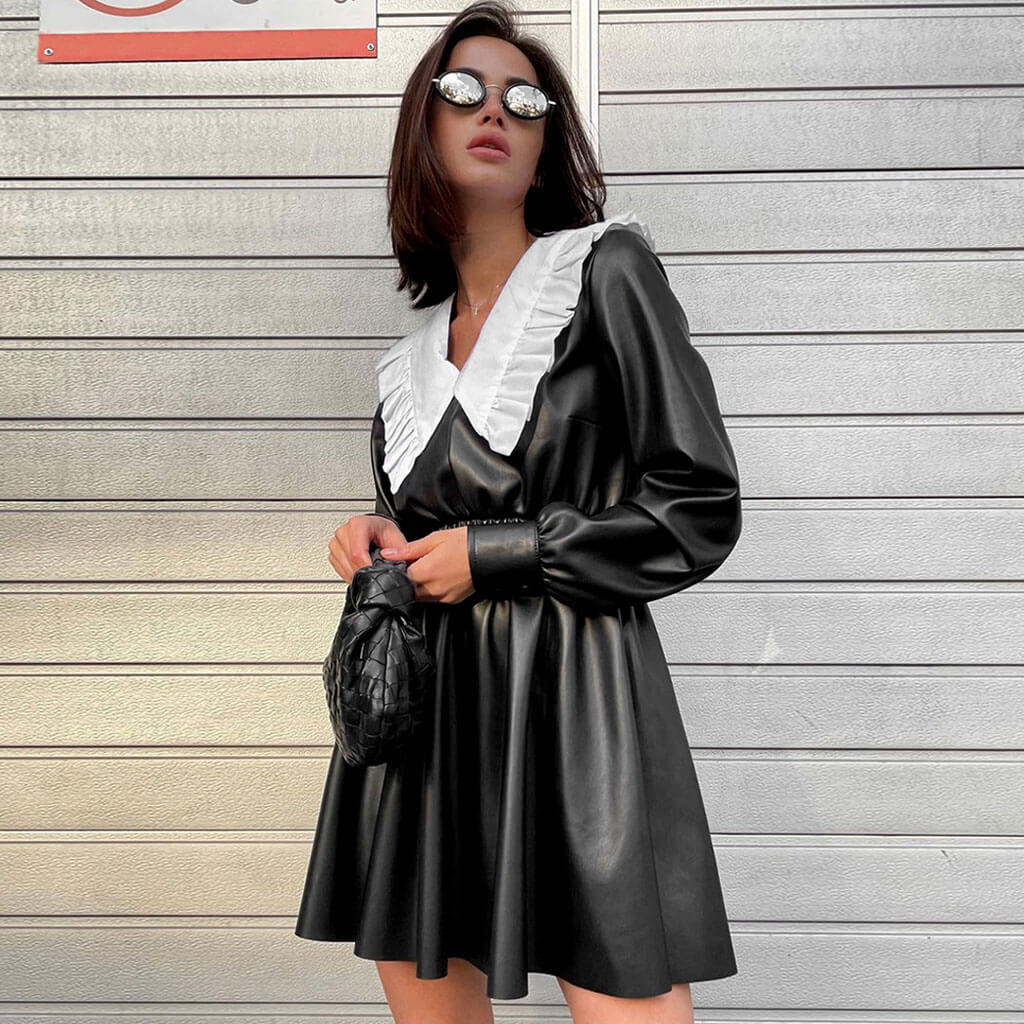 Gothic Style Peter Pan Long Sleeve Leather Mini Dress - Black Secondary image