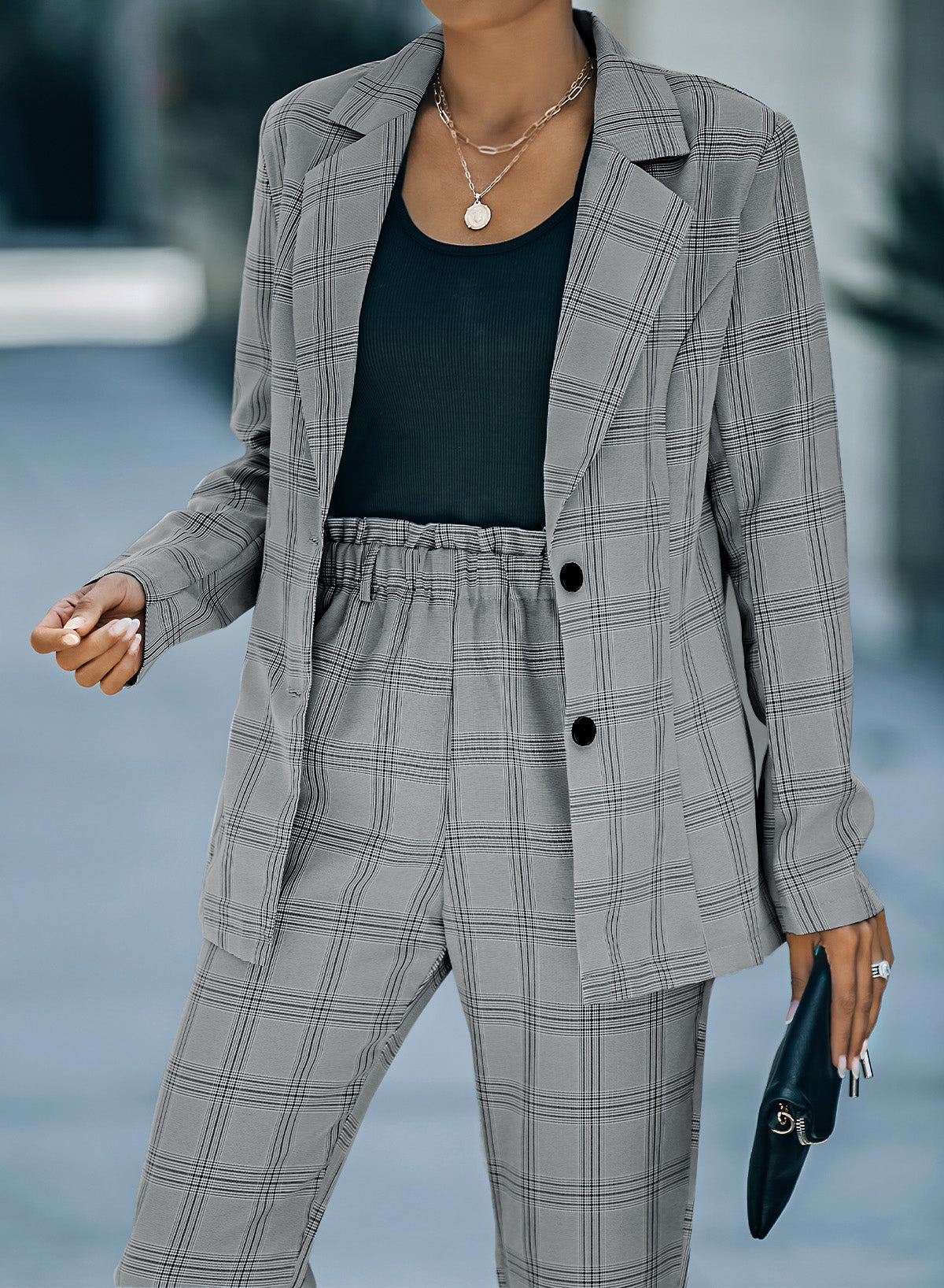 Gray Lapel Button Plaid Blazer Secondary image