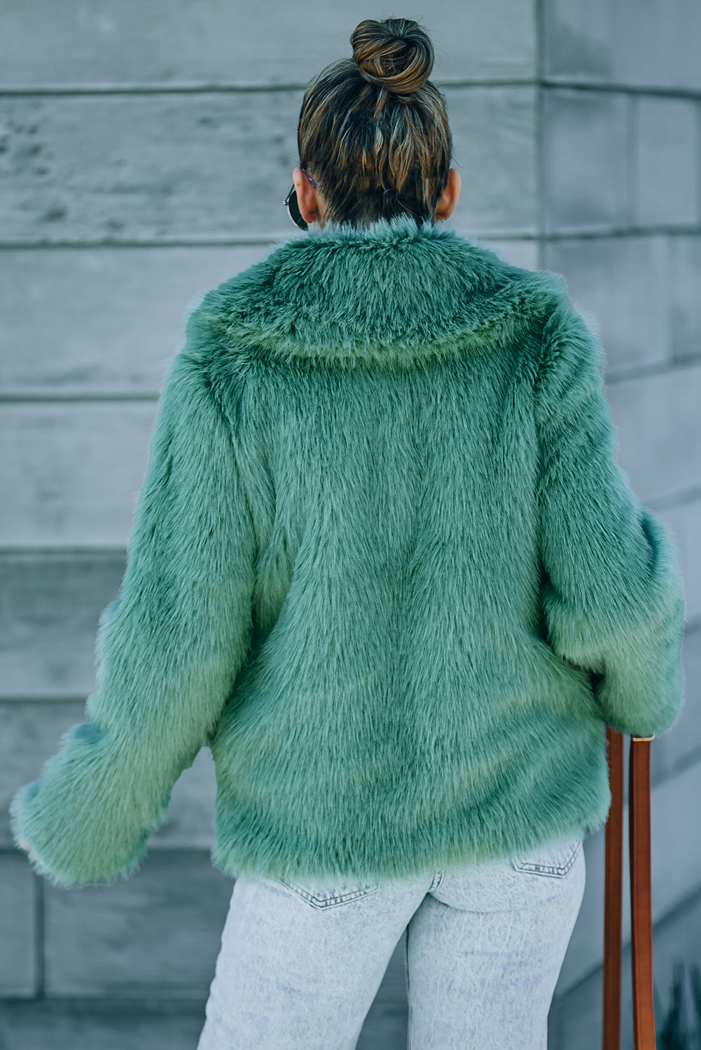 Green Collared Side Pockets Winter Fuzzy Coat Secondary image