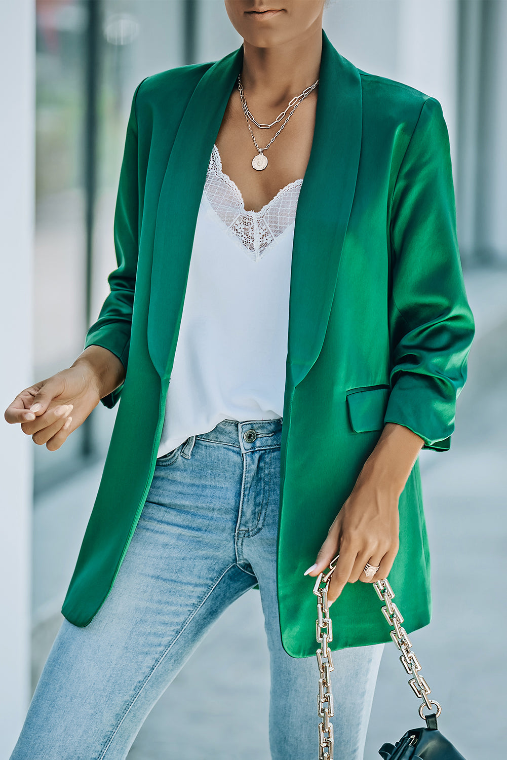 Green Lapel Collar Pocketed Satin Blazer Main image