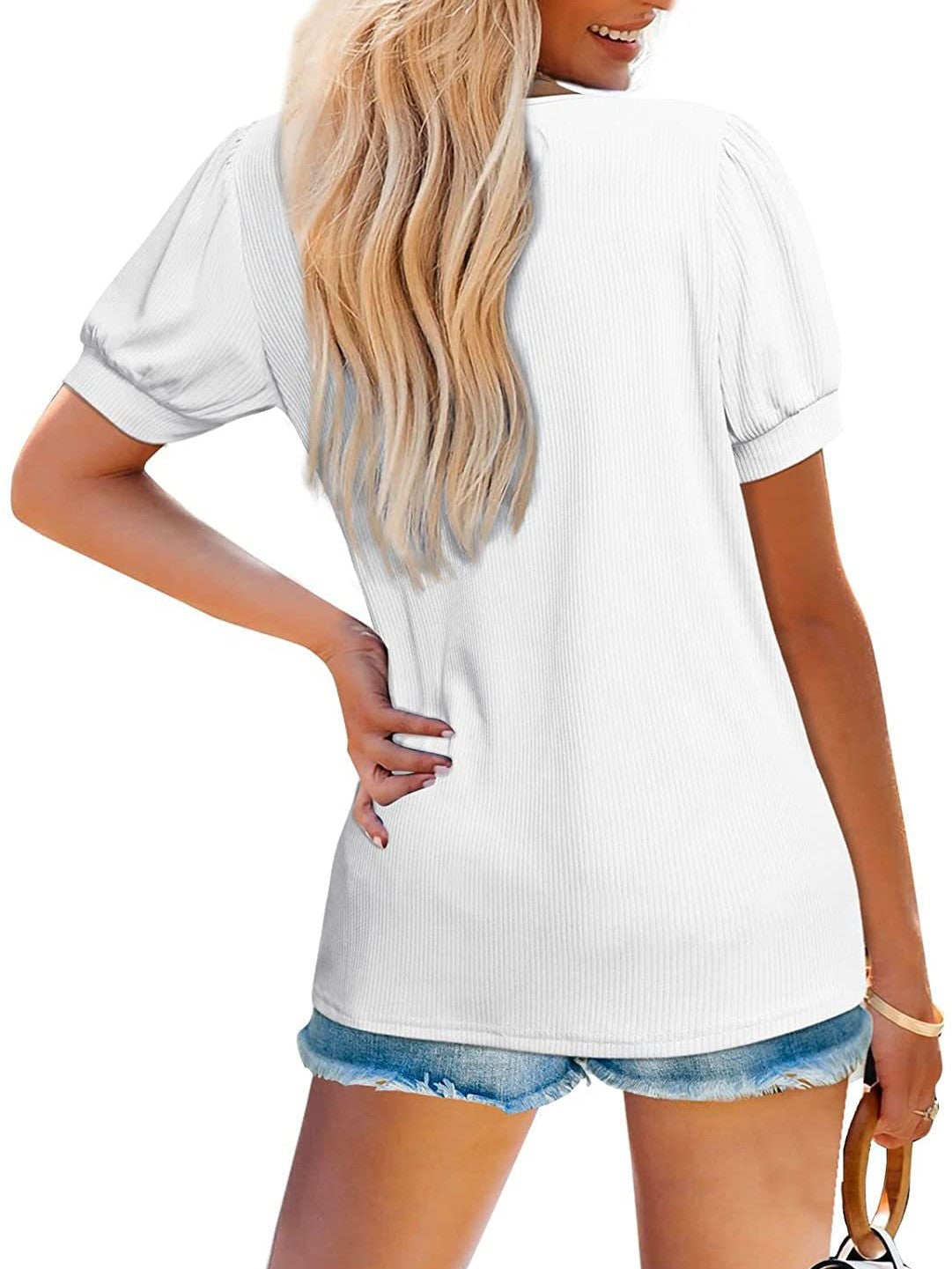 T-Shirt V-Neck Loose Short Sleeve High Stretch Casual Puff Sleeve Top Main image