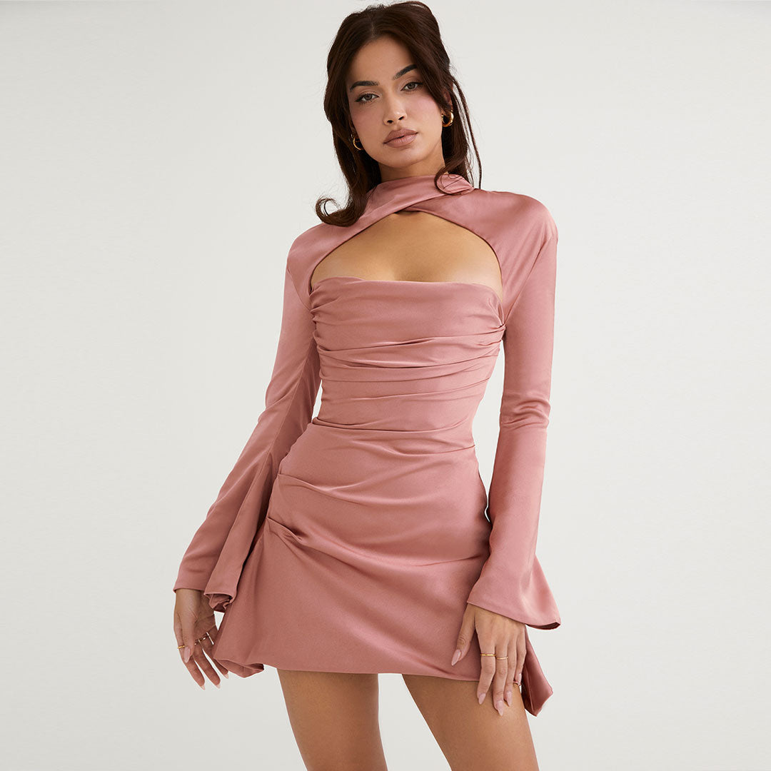High Neck Cut Out Long Sleeve Draped Satin Mini Dress - Pink Main image