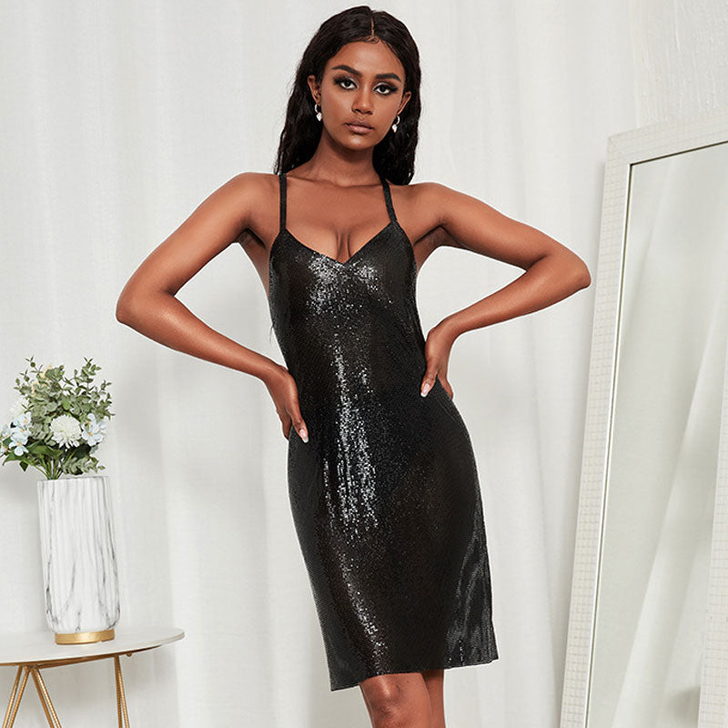 Chainmail V Neck Low Back Sleeveless Party Mini Dress - Black Main image